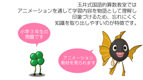 玉井式国語的算数教室ではアニメーションを通して学習内容を物語として理解し印象づけるため、忘れにくく知識を取り出しやすいのが特徴です。