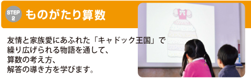 STEP2　ものがたり算数　友情と家族愛にあふれた「キャドック王国」で繰り広げられる物語を通して、算数の考え方、解答の導き方を学びます。