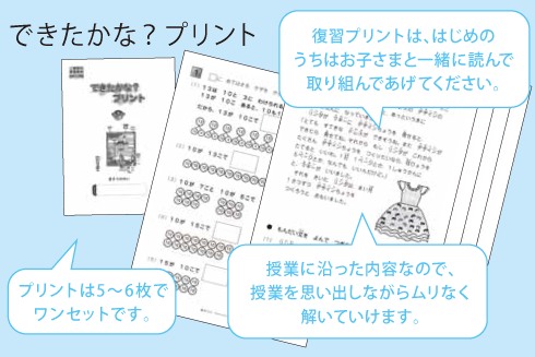 復習プリントは、はじめのうちはお子さまと一緒に読んで取り組んであげてください。